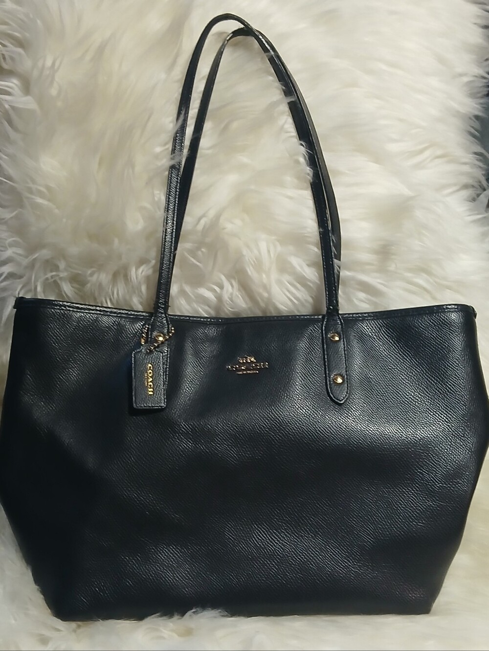 Coach Black Crossgrain Leather Tote with Gold Hardware